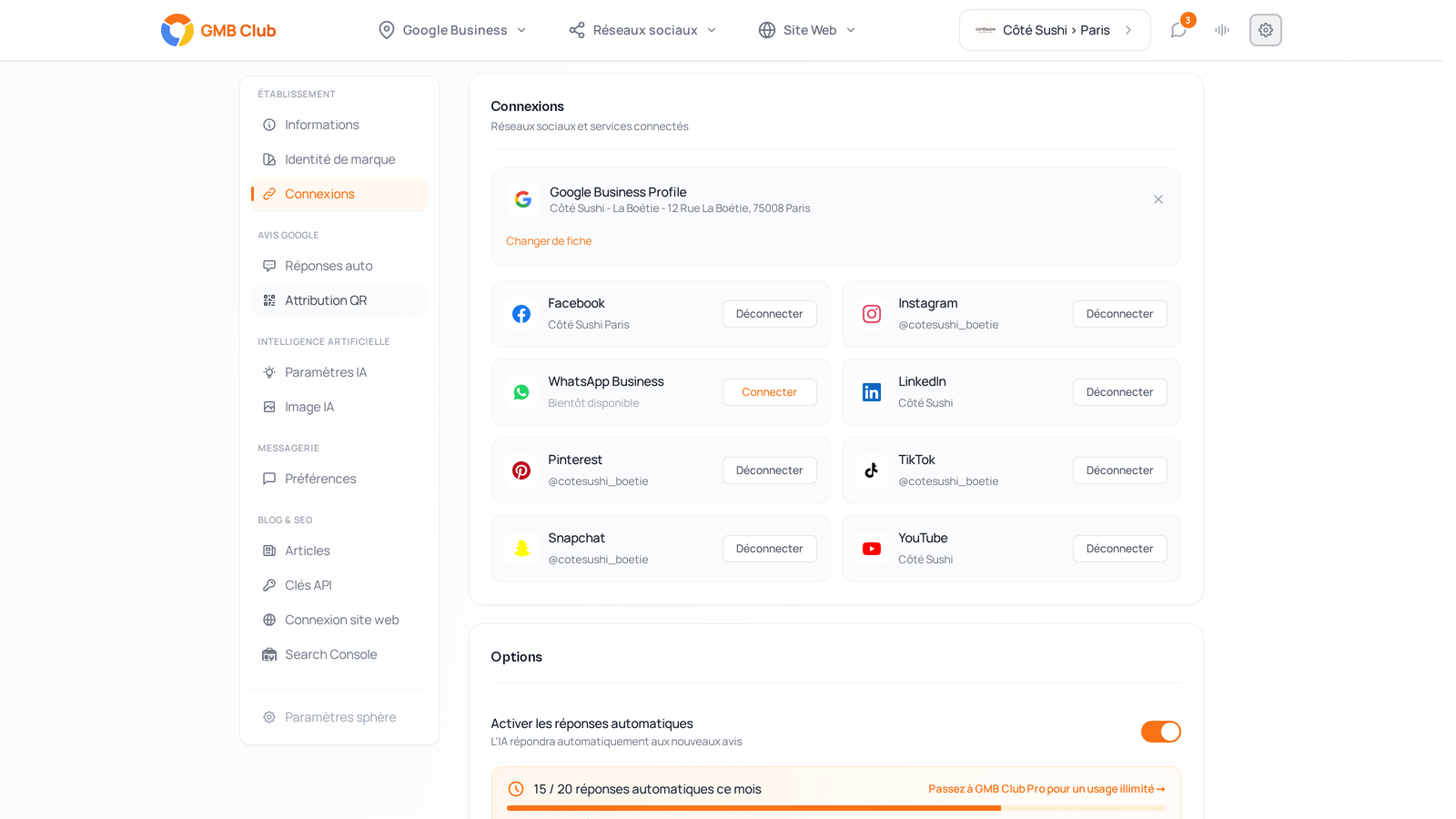 L'onglet Connexions : on associe son compte TikTok à GMB Club via TikTok for Business.