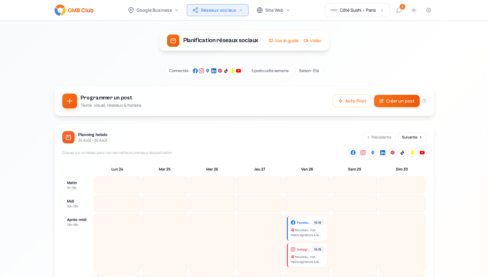 TikTok, Instagram, Facebook et LinkedIn programmés dans un même planning.