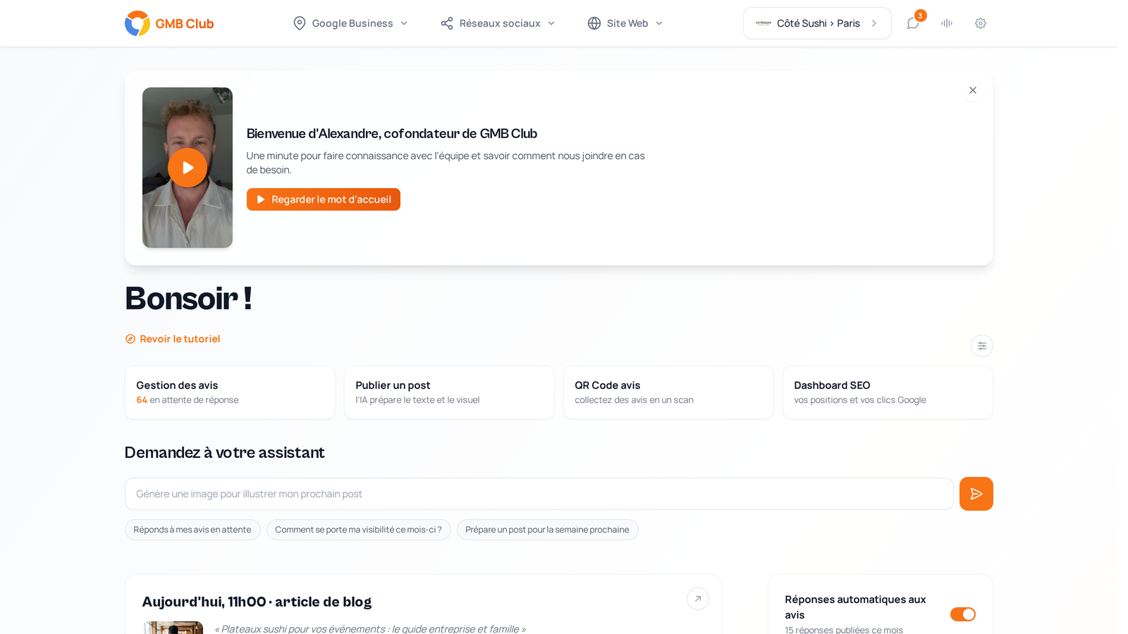 Le tableau de bord regroupe la présence locale et les prochaines publications programmées.